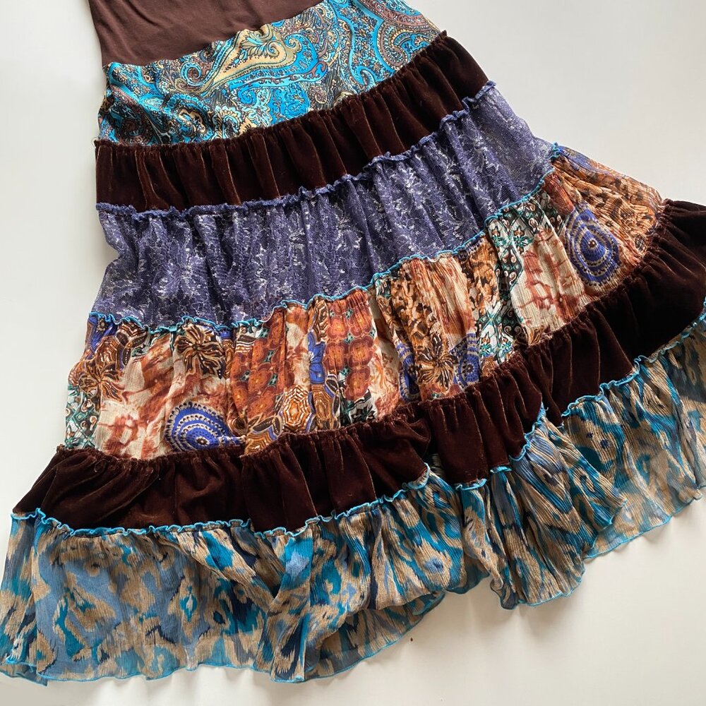 Vintage Y2K Cache Boho Tiered Patchwork Maxi Dress Brown Silk Blend Size 6 - Picture 6 of 11